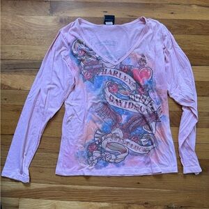 Harley-Davidson Pink Long Sleeve Graphic Blouse